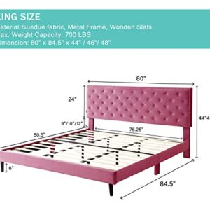 King Upholstered Platform Bed Frame with 48" Tall Adjustable Headboard - Button Tufted Suede Velour Bed- Wood Slat Support with Storage Space - No Box Spring Needed - Pink - OLIVER & SMITH - Princeton