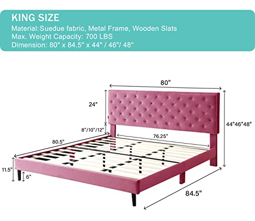 King Upholstered Platform Bed Frame with 48" Tall Adjustable Headboard - Button Tufted Suede Velour Bed- Wood Slat Support with Storage Space - No Box Spring Needed - Pink - OLIVER & SMITH - Princeton