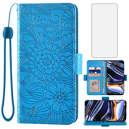 Asuwish Compatible with Oppo Realme 7 Pro Wallet Case and Tempered Glass Screen Protector Card Holder Stand Magnetic Wrist Strap Detachable PU Leather Flip Phone Cover for Realme7 7Pro Women Men Blue