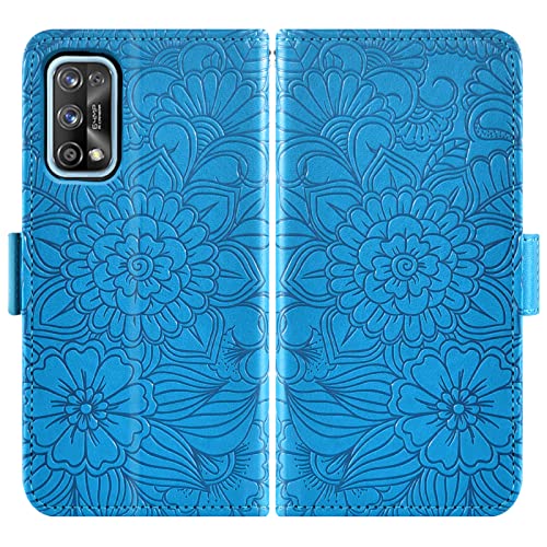 Asuwish Compatible with Oppo Realme 7 Pro Wallet Case and Tempered Glass Screen Protector Card Holder Stand Magnetic Wrist Strap Detachable PU Leather Flip Phone Cover for Realme7 7Pro Women Men Blue