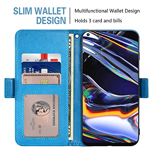 Asuwish Compatible with Oppo Realme 7 Pro Wallet Case and Tempered Glass Screen Protector Card Holder Stand Magnetic Wrist Strap Detachable PU Leather Flip Phone Cover for Realme7 7Pro Women Men Blue