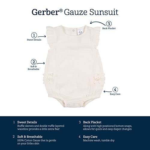 Gerber Baby Girls Sleeveless Ruffle Romper, Ivory, 0-3 Months