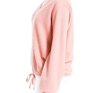 Max Studio Women's Waffle Knit V Neck Long Sleeve Pullover, Blush-16-1522, Extra Large