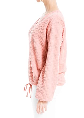 Max Studio Women's Waffle Knit V Neck Long Sleeve Pullover, Blush-16-1522, Extra Large