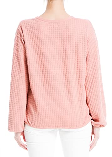 Max Studio Women's Waffle Knit V Neck Long Sleeve Pullover, Blush-16-1522, Extra Large