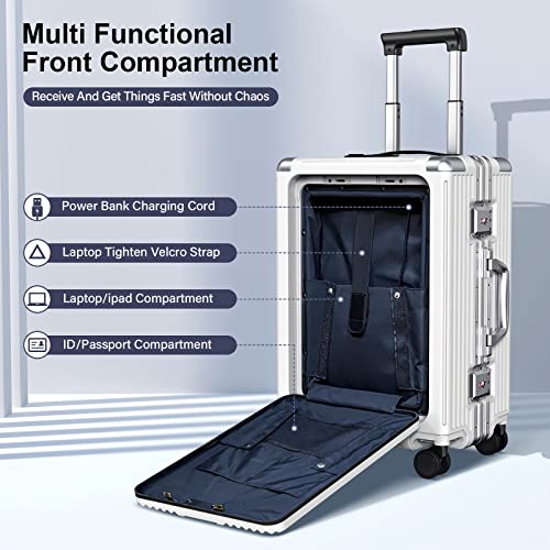 SOMODE Airline Approved Carry On Luggage with Spinner Wheels,Aluminum Framed Carry On Suitcase with Front Open Laptop Compartment/Pocket 22×14×9 inch Large Checked-in Luggage(White)