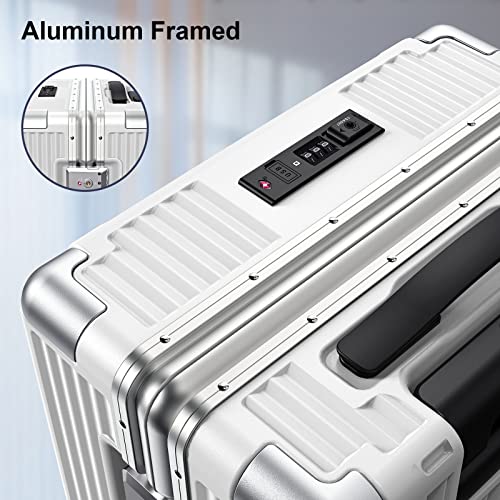 SOMODE Airline Approved Carry On Luggage with Spinner Wheels,Aluminum Framed Carry On Suitcase with Front Open Laptop Compartment/Pocket 22×14×9 inch Large Checked-in Luggage(White)