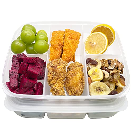 TeTeBak Bento Box - 5-Compartment Reusable Bento Lunch Box for School, Work, and Travel, Food Prep Containers, Snack Containers for Kids, Portion Control Bento Lunch Box for adult, Set of 2, Clear