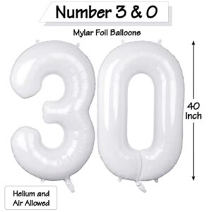 40 Inch White 30 Number Balloons, Jumbo Foil Balloons for 30th Birthday Party Decorations Supplies / 30th Anniversary Event