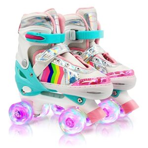 joy spot! rainbow unicorn roller skate for girls,4 size adjustable light up roller skates,all 8 luminous wheels of pink skate shine,indoor outdoor skating shoes for beginner toddlers kids ages 4-14 -m