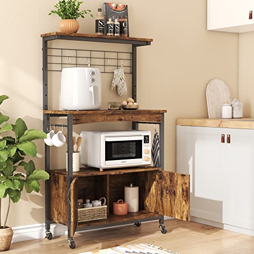 Bestier Bakers Racks with Storage Cabinet, Height-Adjustable 45" to 55" Microwave Stand for Kitchen with Wheels & Feet, Industrial Rolling Coffee Bar Shelf with 10 S-Hooks Rustic Brown