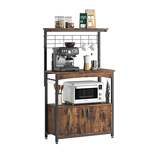 Bestier Bakers Racks with Storage Cabinet, Height-Adjustable 45" to 55" Microwave Stand for Kitchen with Wheels & Feet, Industrial Rolling Coffee Bar Shelf with 10 S-Hooks Rustic Brown