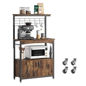 Bestier Bakers Racks with Storage Cabinet, Height-Adjustable 45" to 55" Microwave Stand for Kitchen with Wheels & Feet, Industrial Rolling Coffee Bar Shelf with 10 S-Hooks Rustic Brown