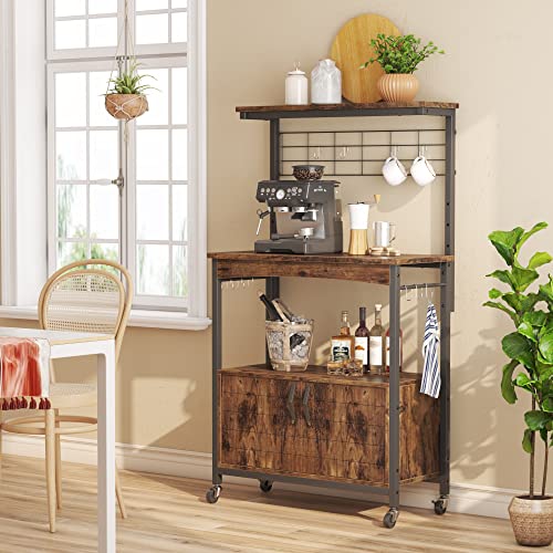 Bestier Bakers Racks with Storage Cabinet, Height-Adjustable 45" to 55" Microwave Stand for Kitchen with Wheels & Feet, Industrial Rolling Coffee Bar Shelf with 10 S-Hooks Rustic Brown