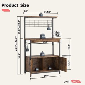 Bestier Bakers Racks with Storage Cabinet, Height-Adjustable 45" to 55" Microwave Stand for Kitchen with Wheels & Feet, Industrial Rolling Coffee Bar Shelf with 10 S-Hooks Rustic Brown