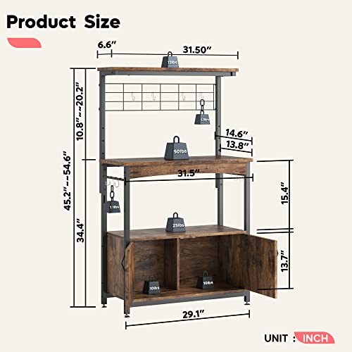 Bestier Bakers Racks with Storage Cabinet, Height-Adjustable 45" to 55" Microwave Stand for Kitchen with Wheels & Feet, Industrial Rolling Coffee Bar Shelf with 10 S-Hooks Rustic Brown