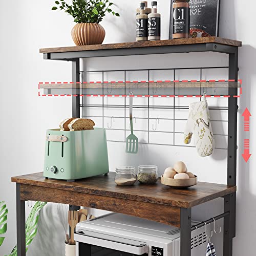 Bestier Bakers Racks with Storage Cabinet, Height-Adjustable 45" to 55" Microwave Stand for Kitchen with Wheels & Feet, Industrial Rolling Coffee Bar Shelf with 10 S-Hooks Rustic Brown