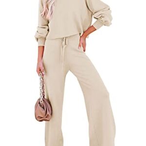 Pink Queen Women's 2 Piece Knit Sweatsuit Puff Sleeve Cropped Sweater Top and Long Pants Tracksuit Lounge Set Beige XL