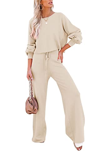 Pink Queen Women's 2 Piece Knit Sweatsuit Puff Sleeve Cropped Sweater Top and Long Pants Tracksuit Lounge Set Beige XL