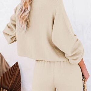 Pink Queen Women's 2 Piece Knit Sweatsuit Puff Sleeve Cropped Sweater Top and Long Pants Tracksuit Lounge Set Beige XL