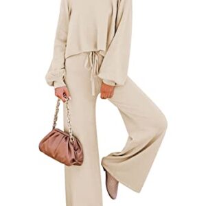 Pink Queen Women's 2 Piece Knit Sweatsuit Puff Sleeve Cropped Sweater Top and Long Pants Tracksuit Lounge Set Beige XL