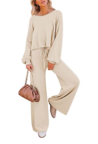 Pink Queen Women's 2 Piece Knit Sweatsuit Puff Sleeve Cropped Sweater Top and Long Pants Tracksuit Lounge Set Beige XL