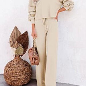 Pink Queen Women's 2 Piece Knit Sweatsuit Puff Sleeve Cropped Sweater Top and Long Pants Tracksuit Lounge Set Beige XL