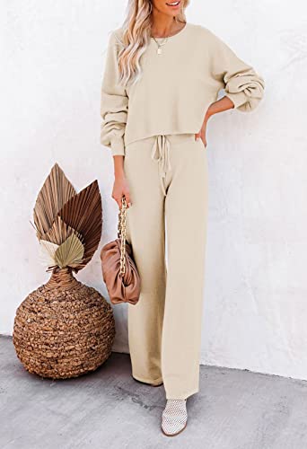 Pink Queen Women's 2 Piece Knit Sweatsuit Puff Sleeve Cropped Sweater Top and Long Pants Tracksuit Lounge Set Beige XL