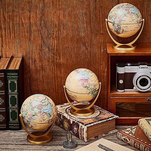 3 Pcs Mini Antique Globe for Kids Learning 4.2 Inch Vintage World Globe with Stand Geography Globe Swivels in All Directions Educational Rotating Globe for School, Home, Office and Desktop Decor