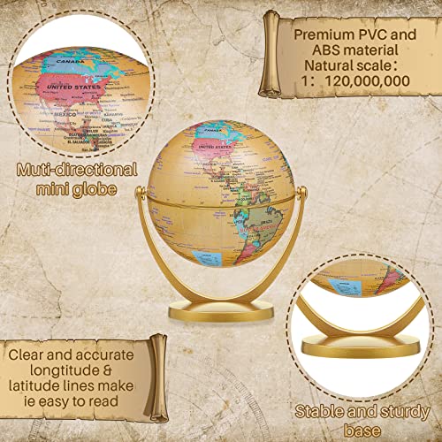 3 Pcs Mini Antique Globe for Kids Learning 4.2 Inch Vintage World Globe with Stand Geography Globe Swivels in All Directions Educational Rotating Globe for School, Home, Office and Desktop Decor