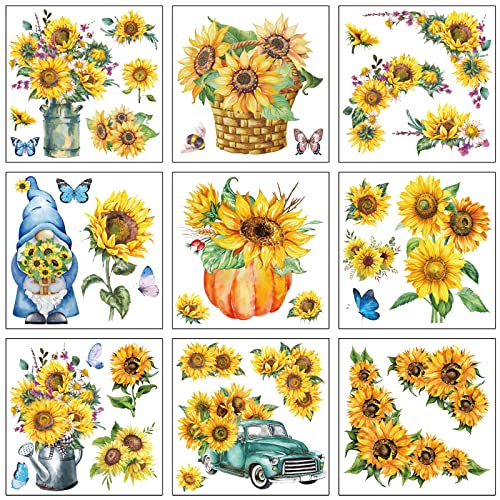 9 Sheets Sunflower Rub on Transfer for Furniture Craft and Wood Fall Rub on Decal Stickers Stencil Thanksgiving Pumpkin Flower Butterfly Bird Dragonfly Christmas Decor 6 x 6 Inch(Sunflower)