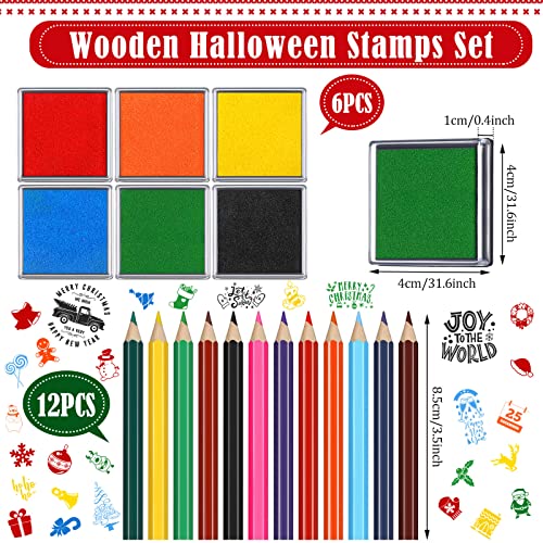 48 Pieces Christmas Stamps for Kids Wooden Rubber Stamps with Ink Pad Colored Pencil Ink Pad Colouring Pencil Art Supplies Set for DIY Party Favor Gift (Lovely Style)