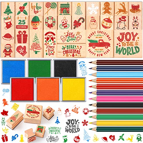 48 Pieces Christmas Stamps for Kids Wooden Rubber Stamps with Ink Pad Colored Pencil Ink Pad Colouring Pencil Art Supplies Set for DIY Party Favor Gift (Lovely Style)