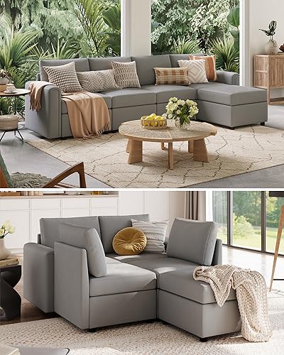 LINSY HOME Modular Sectional Sofa, Convertible L Shaped Sofa Couch with Storage, Memory Foam, Modular Sectionals with Ottomans, 5 Seat Sofa Couch with Chaise for Living Room, Grey