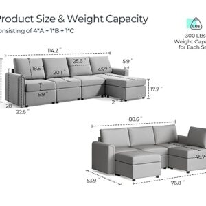 LINSY HOME Modular Sectional Sofa, Convertible L Shaped Sofa Couch with Storage, Memory Foam, Modular Sectionals with Ottomans, 5 Seat Sofa Couch with Chaise for Living Room, Grey