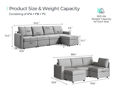 LINSY HOME Modular Sectional Sofa, Convertible L Shaped Sofa Couch with Storage, Memory Foam, Modular Sectionals with Ottomans, 5 Seat Sofa Couch with Chaise for Living Room, Grey