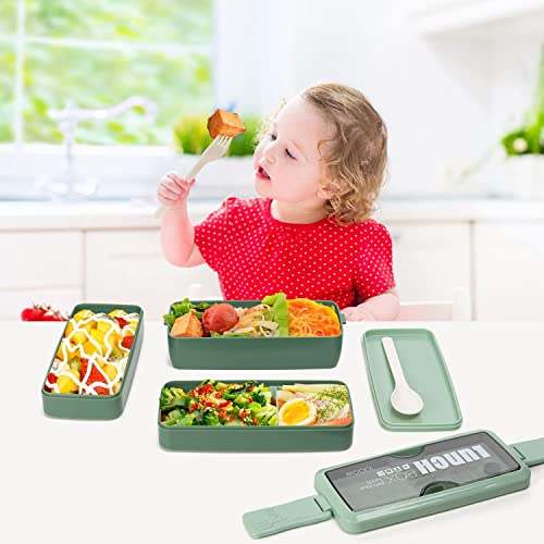 Rarapop 2 Pack Stackable Bento Lunch Box Kit for Kids, 3-In-1 Compartment Wheat Straw Lunch Containers with Tableware, Reusable On-the-Go Meal and Snack Containers (Green,Blue)