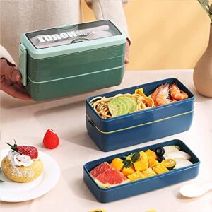 Rarapop 2 Pack Stackable Bento Lunch Box Kit for Kids, 3-In-1 Compartment Wheat Straw Lunch Containers with Tableware, Reusable On-the-Go Meal and Snack Containers (Green,Blue)