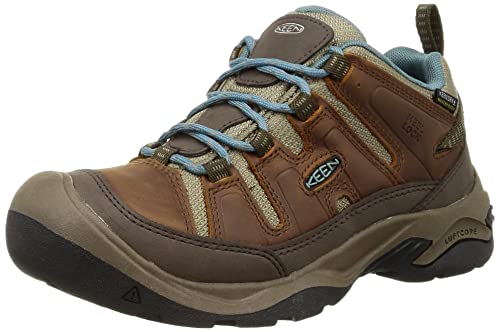 KEEN Women's Circadia Low Height Comfortable Waterproof Hiking Shoes, Syrup/North Atlantic, 7.5 Wide