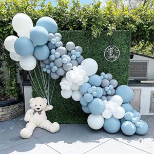 pageebo dusty blue balloon arch kit bear baby shower decoration-134pcs macaron blue white grey balloons for baby shower kids birthday party