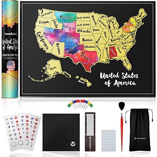 TRAVELISIMO Scratch Off Map of United States, 12x17 inches USA Scratch Off Travel Map with 25 Unique Accessories Set Included, Unique Gift for Travelers