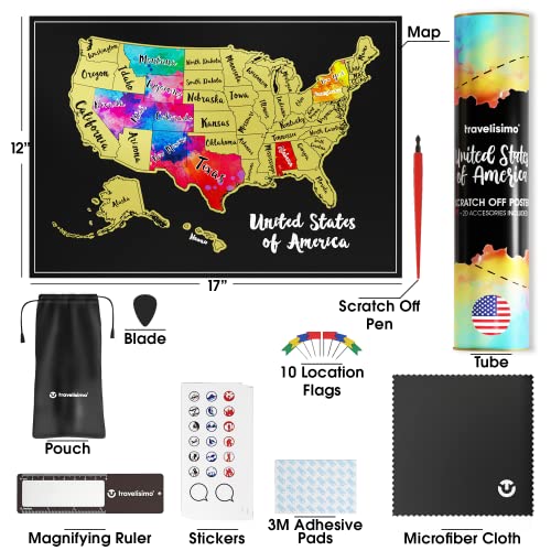 TRAVELISIMO Scratch Off Map of United States, 12x17 inches USA Scratch Off Travel Map with 25 Unique Accessories Set Included, Unique Gift for Travelers