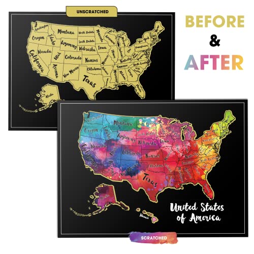 TRAVELISIMO Scratch Off Map of United States, 12x17 inches USA Scratch Off Travel Map with 25 Unique Accessories Set Included, Unique Gift for Travelers