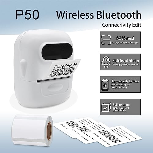 HYBSK Bluetooth Label Maker with Label, P50 Barcode Label Printer, Direct Thermal Printer Compatible with iPhone/Android (P50 with Label)