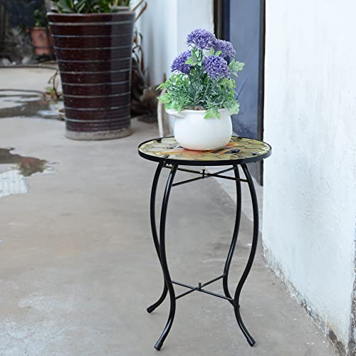 NewVees Bee Patio Side Table, Small Patio Outdoor Side Table, Plant Table,Metal Glass End Table for Porch Garden Yard Pool.