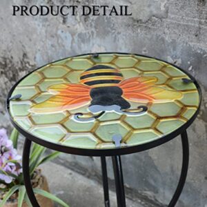 NewVees Bee Patio Side Table, Small Patio Outdoor Side Table, Plant Table,Metal Glass End Table for Porch Garden Yard Pool.