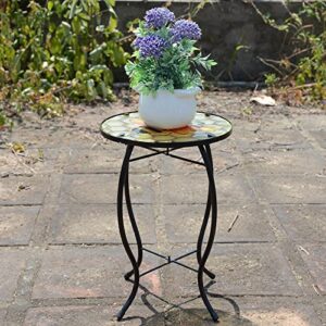 NewVees Bee Patio Side Table, Small Patio Outdoor Side Table, Plant Table,Metal Glass End Table for Porch Garden Yard Pool.