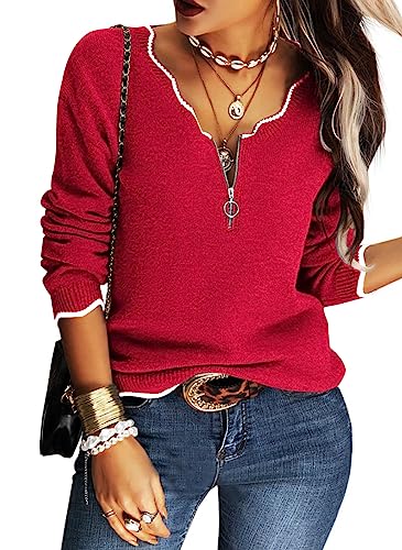 Hongqizo Women's V Neck Long Sleeve Sweater Half Zipper Knit Sweater Casual Cricket Stripe Jumper Pullover Red