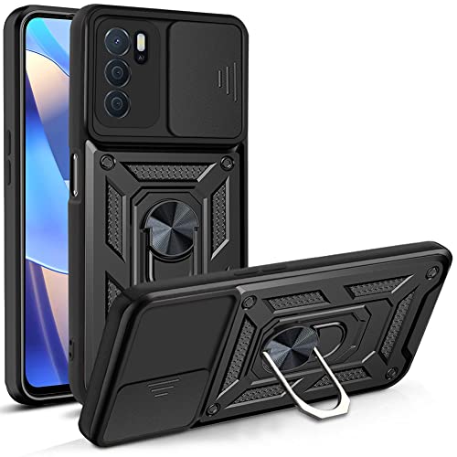 CCSmall Sturdy Case for Oppo A16 with Slide Camera Window, Heavy Duty Protection Phone Cover Case with Ring Stand for Oppo A16/A16s/A54s SJ Black