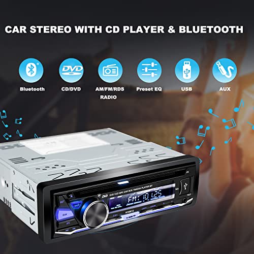 Hengweili Single Din Car Stereo with CD DVD Player Bluetooth USB AM/FM Radio APP Control MP3 SD AUX Audio Receiver